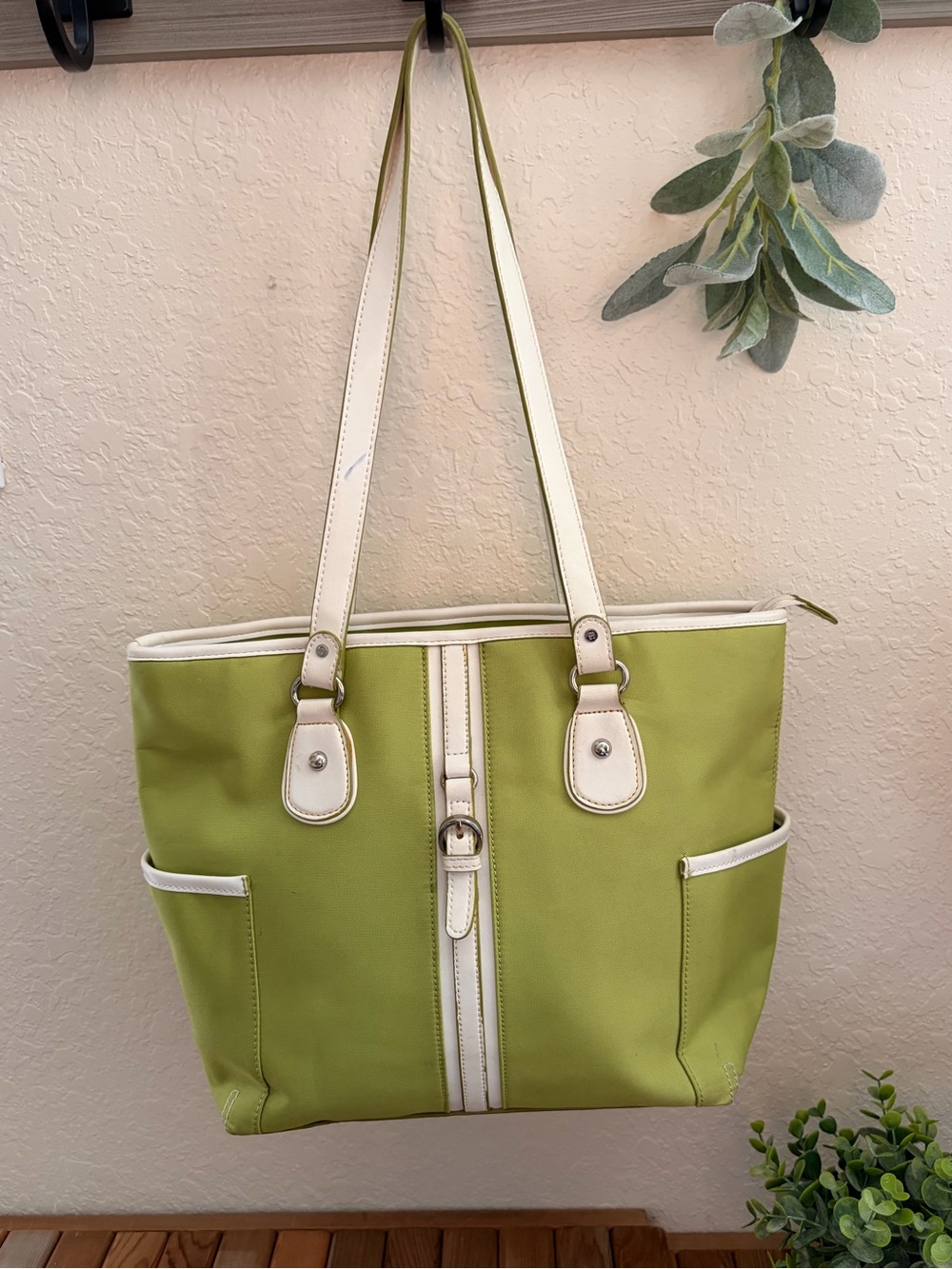 Etienne Aigner Vintage Canvas Tote in Lime Green and Cream Trim